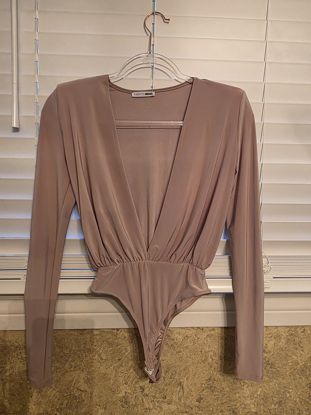 Fashion Nova Long Sleeve Plunge Thong Bodysuit in Mauve